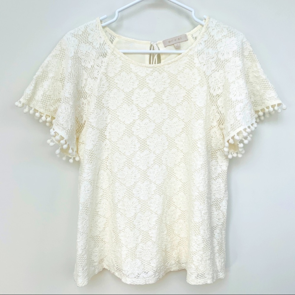 Anthropologie Eri + Ali White Lined Lace Butterfly Pompom Sleeve Blouse - Size S